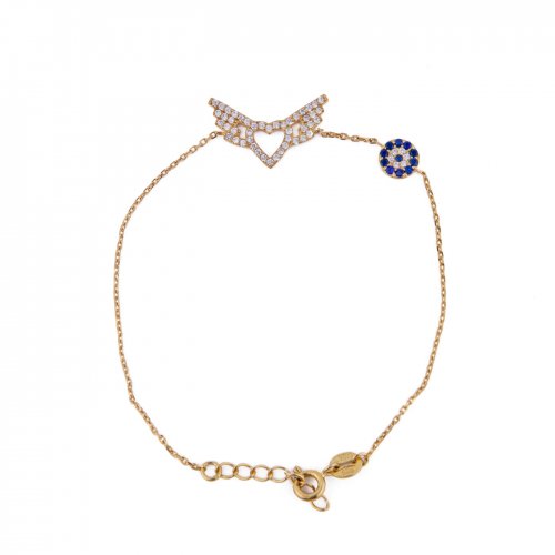 Yellow gold plated sterling silver bracelet with wings and evil eye.