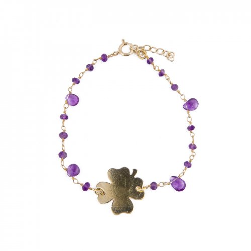 Yellow plated sterling silver rosary bracelet with amethyst beads and lucky charm.