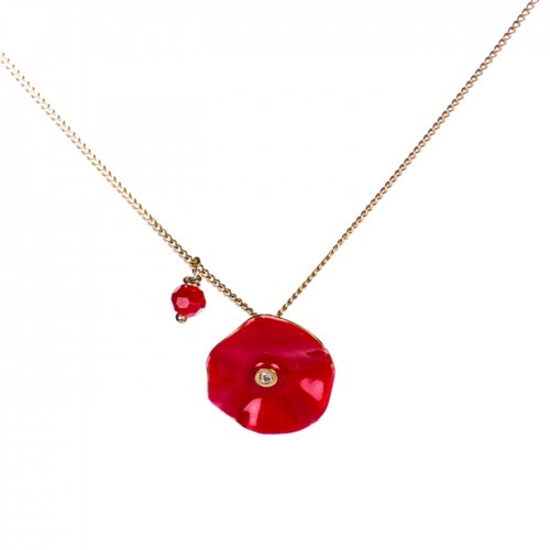 Yellow gold plated sterling silver necklace with red flower.