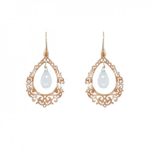 Yellow gold plated sterling silver earings with chalcedony teardrops.