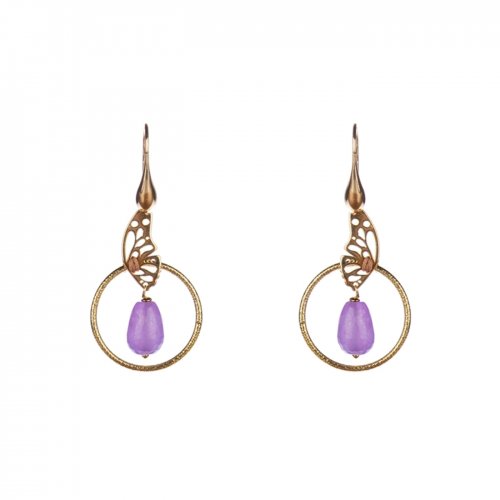 Yellow gold plated sterling silver earrings with purple agate teardrops.